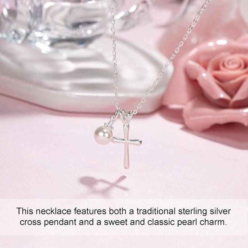 AnalysisyLove Sterling Silver Cross Necklace for Girls - First Communion, Baptism, Confirmation Gifts for Teenage Girl, Little Girls Jewelry with Pearl, Easter Gifts for Godchild - Image 2